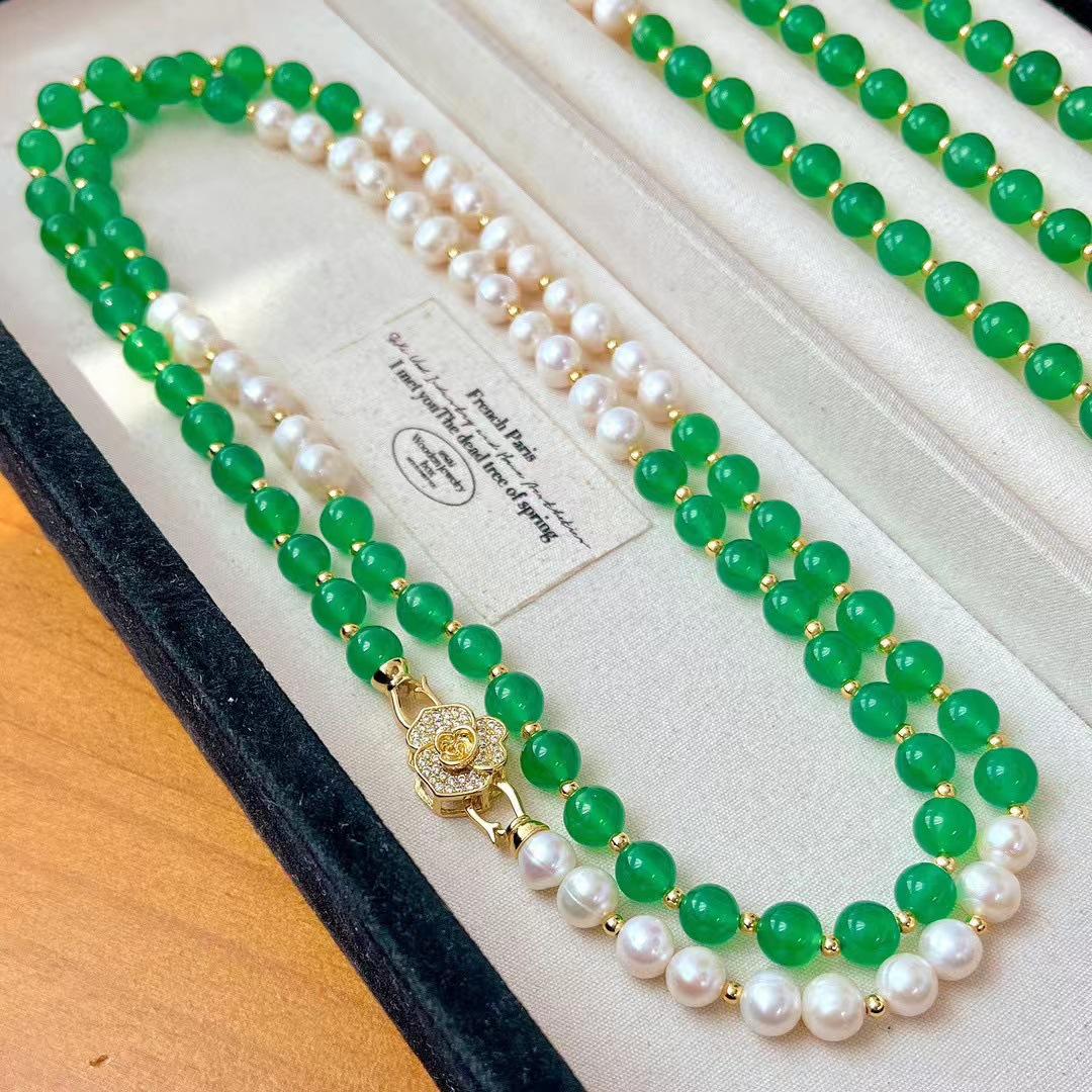 

Vintage Natural Freshwater Pearl Emperor Green Chalcedony Long Sweater Chain Necklace Autumn And Winter New