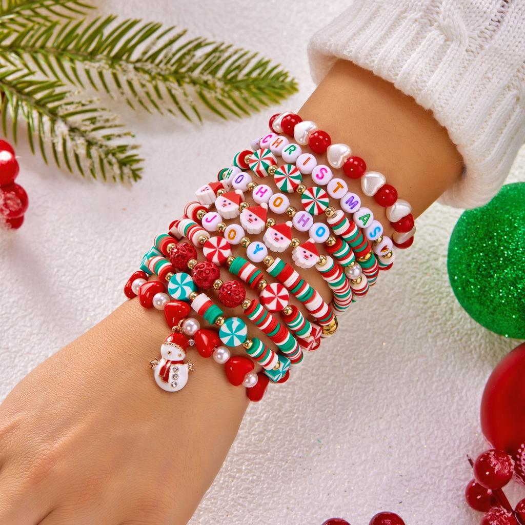 10Pcs/Set Christmas Snowman Heart Tree Gift Box Snowflake Santa Claus Soft Clay Beaded Multilayer Bracelet For Women Men Jewelry