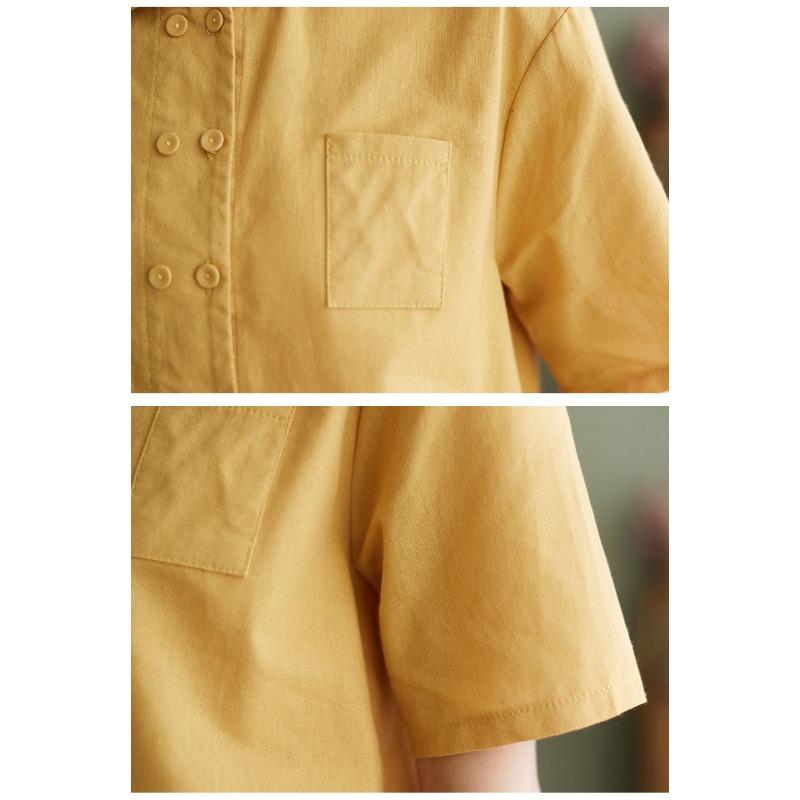 Summer Loose Solid Color Single Breasted Retro Short Sleeved Shirt Women's Top