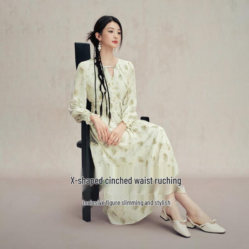 

Qiushui Yiren 2025 Autumn V-Neck Chinese Style Tie-Dye Dress XL