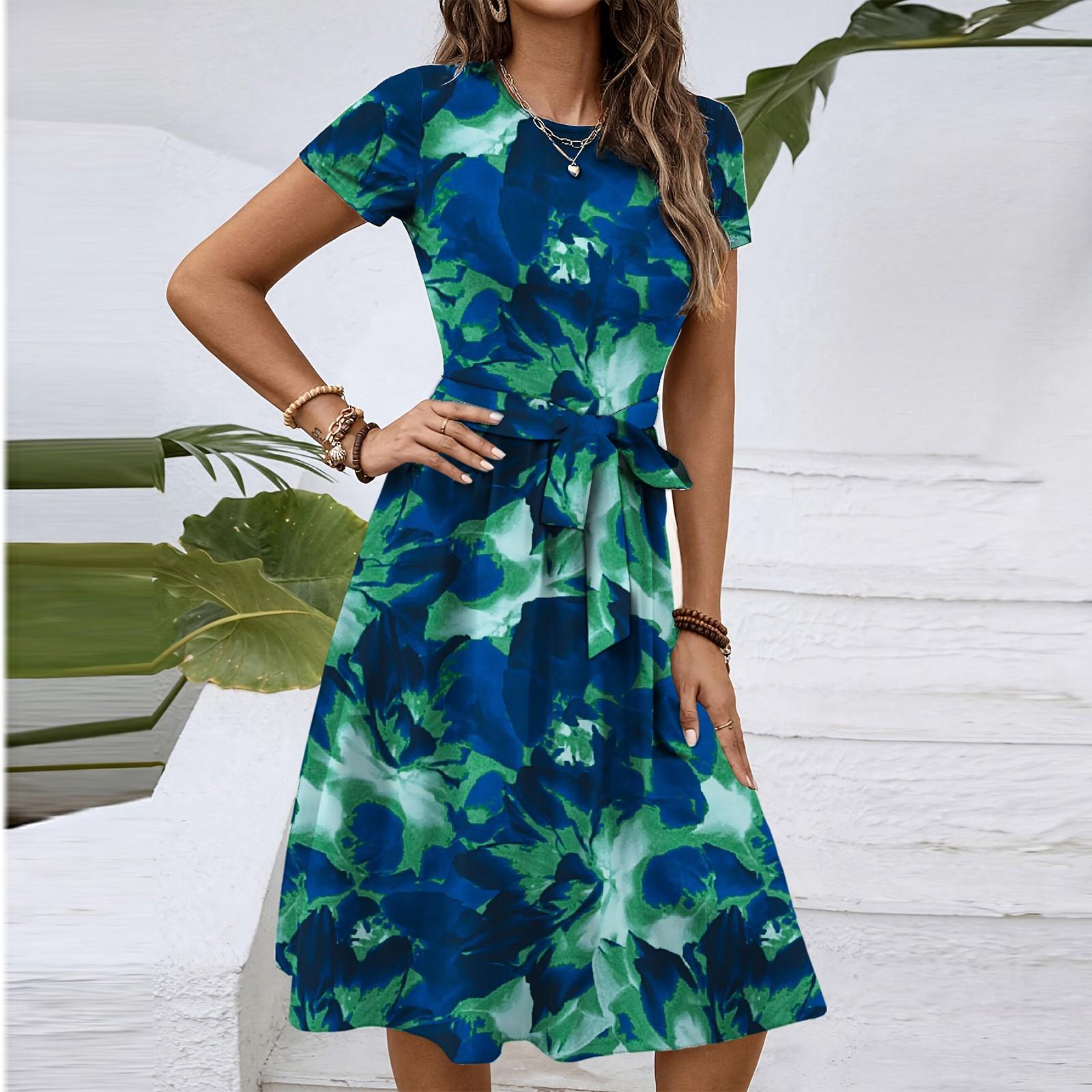 

Женское модное ретро-платье с принтом и цветным поясом XXL синий