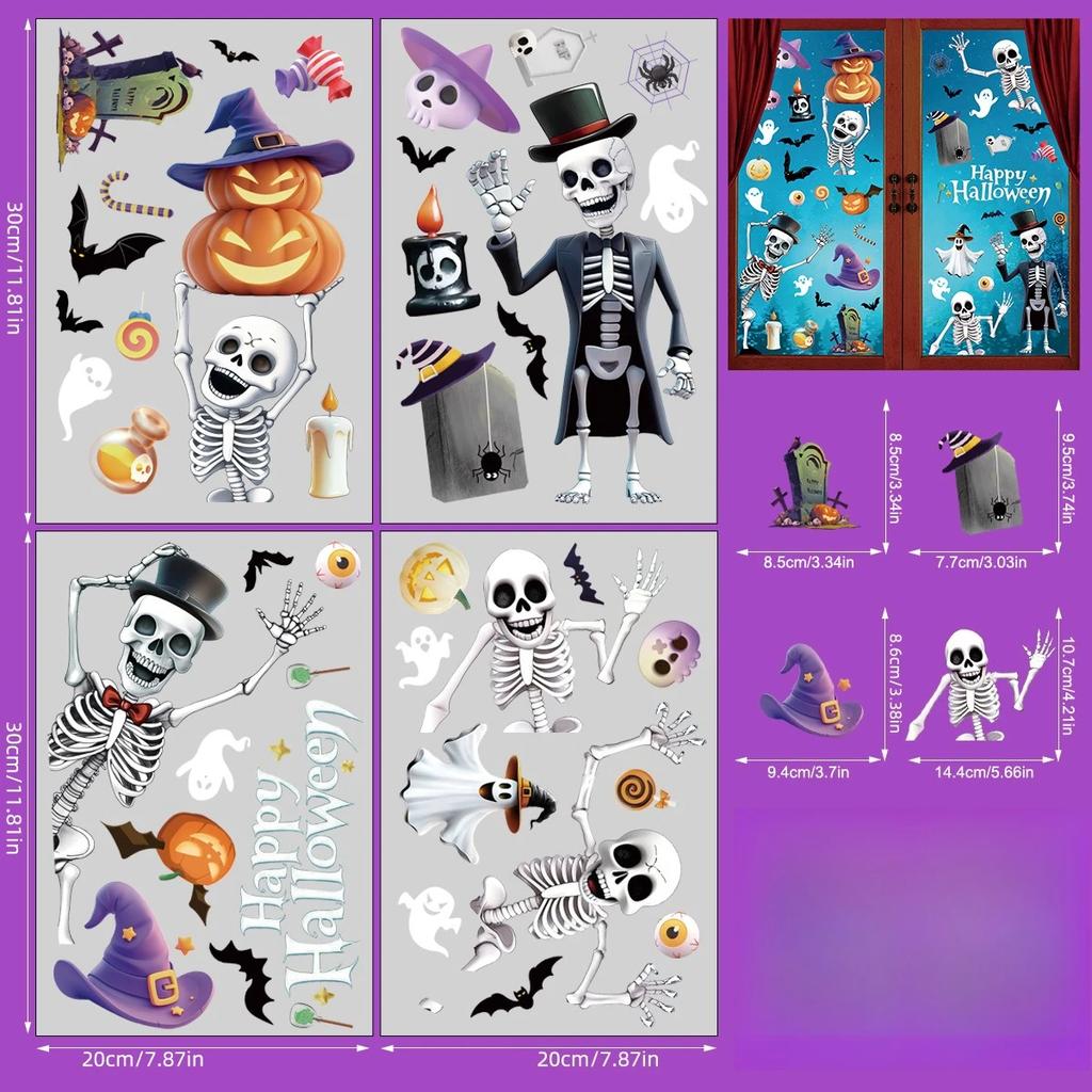 New Halloween Window Clings Static Stickers Cartoon Skeleton Ghost Double-Sided Reusable Decals For Glass Wall Party Decorations