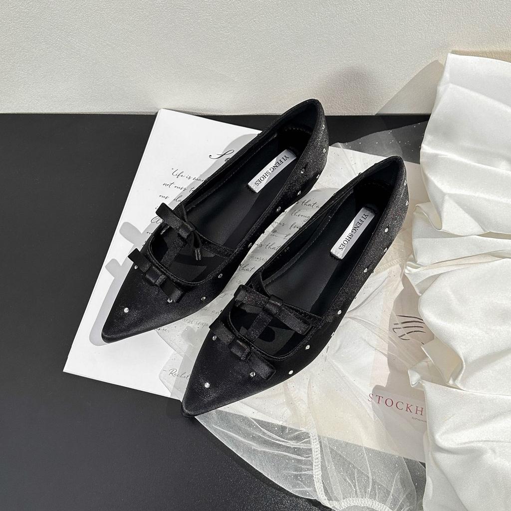 Ou Ruofeng inner height-increasing shoes women's 2025 spring new black bow temperament socialite pointed rhinestone flat shoes