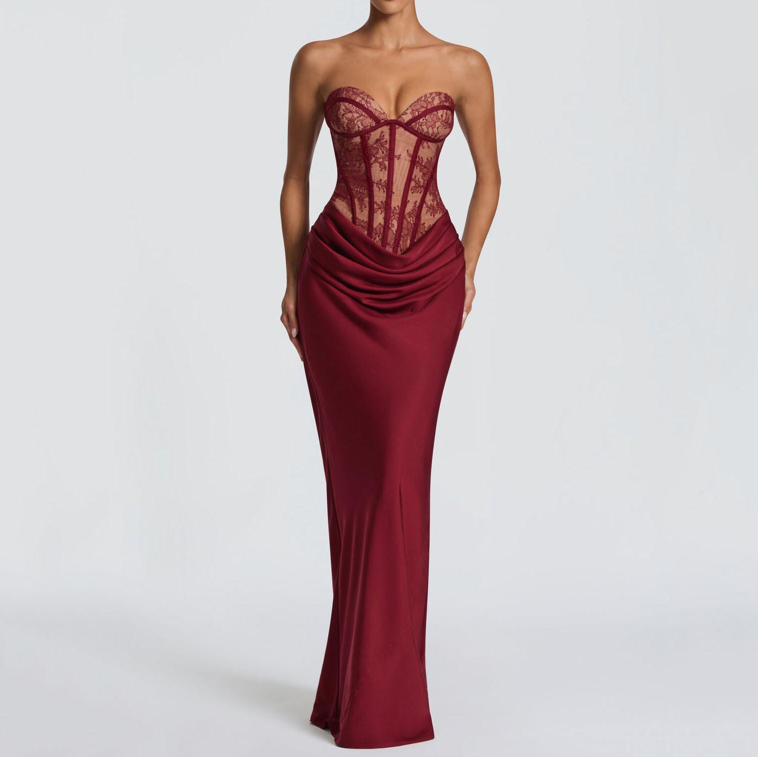 European and American retro tube top dress lace mesh fishbone bra pendant party dinner fishtail dress XS