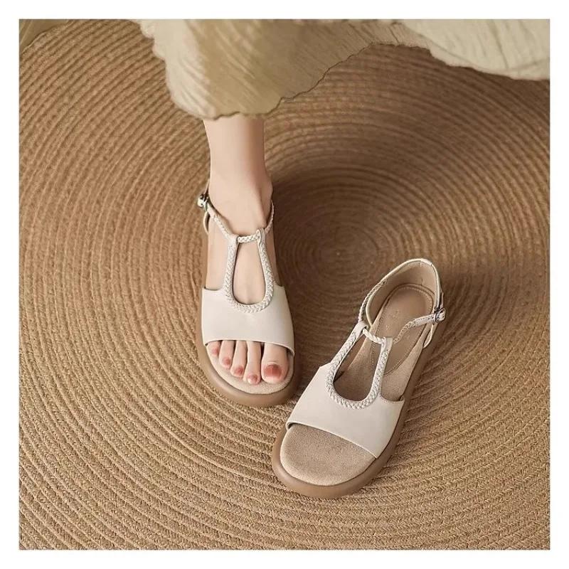 Fashion Women Cow Leather Narrow Band Low Heel Exposed Toes Fashionable 2025 Summer New Casual Elegant Platforms Women's Sandals