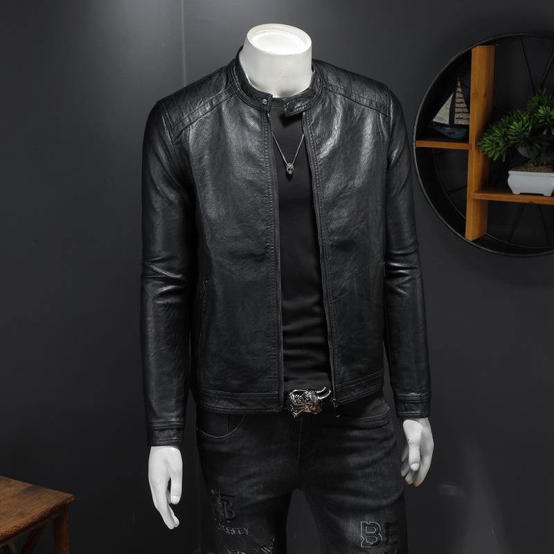Autumn and winter new slim-fit velvet men's fashion casual stand-up collar locomotive PU leather jacket