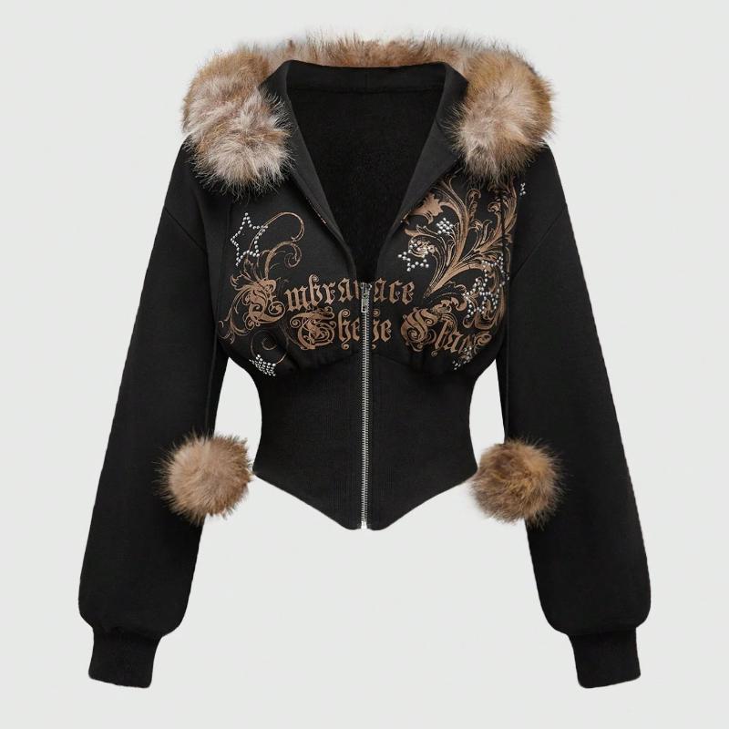 European and American retro patchwork cardigan, autumn and winter casual waist cinching, slimming short hoodie