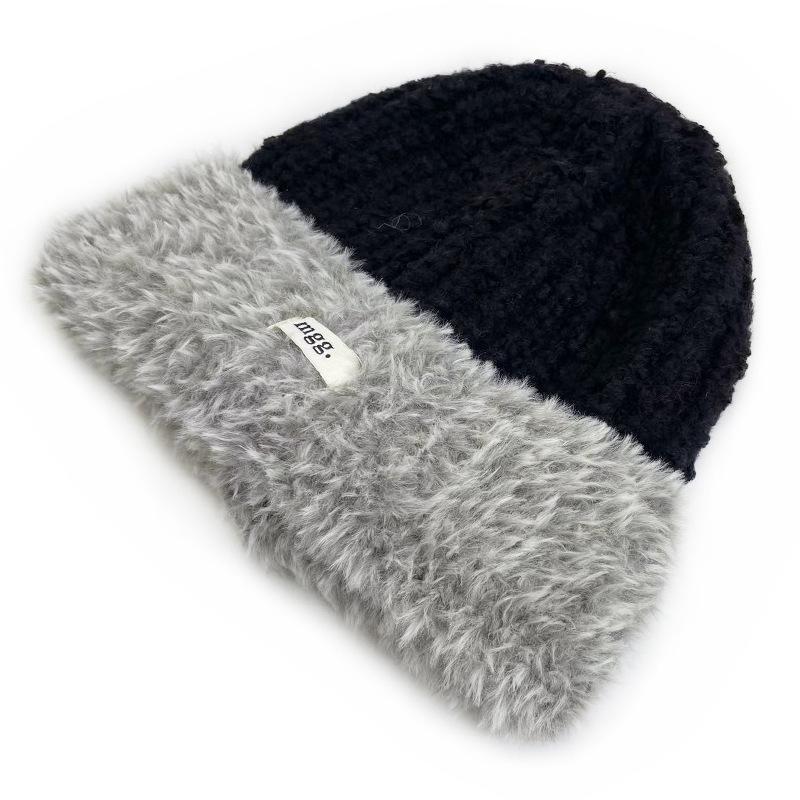 Cat Brother Korean Style Knit Hat: Color Block Plush, Warm Wool, Women's Large Head Circumference