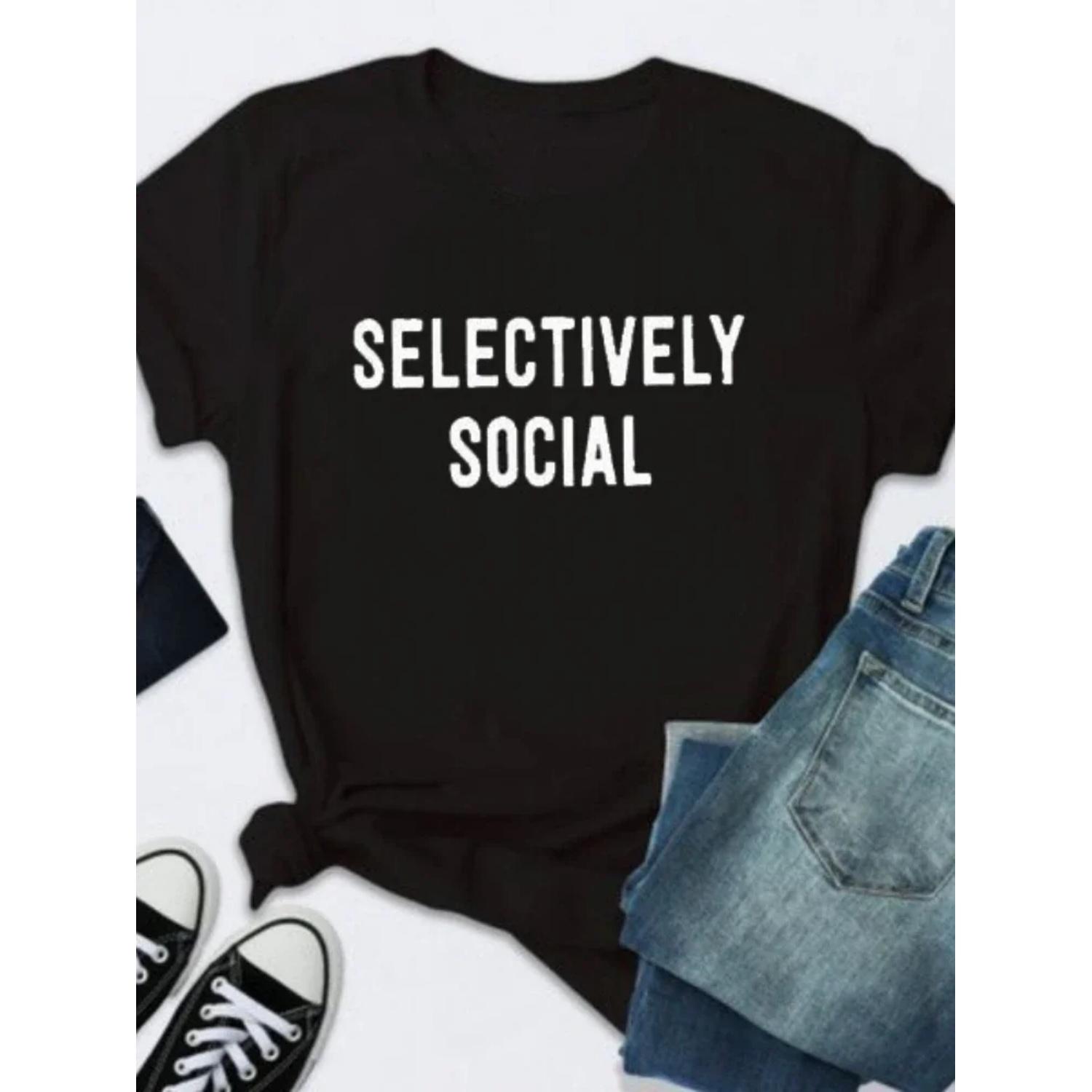 

SELECTIVELY SOCIAL Желтая футболка с принтом букв, женская, с коротким рукавом, с круглым вырезом, свободная футболка, летняя женская повседневная футболка, топы, одежда S чёрный