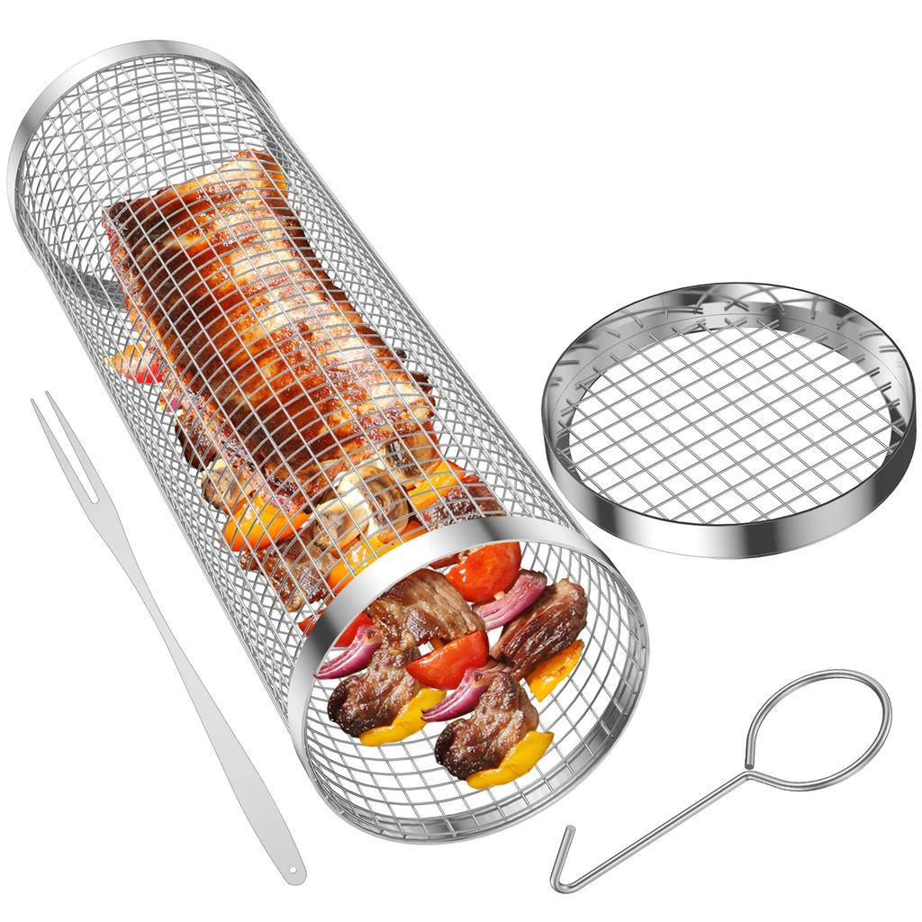 BBQ Basket Stainless Steel Rolling Grilling Basket Wire Mesh Cylinder Grill Basket Portable Round Outdoor Camping Barbecue Rack
