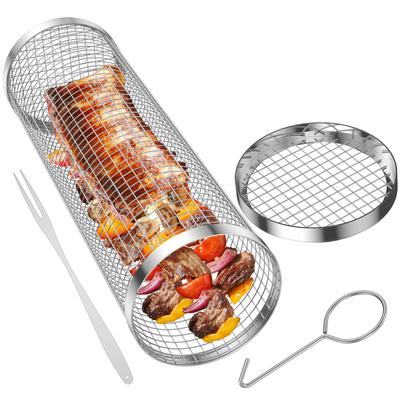 BBQ Basket Stainless Steel Rolling Grilling Basket Wire Mesh Cylinder Grill Basket Portable Round Outdoor Camping Barbecue Rack