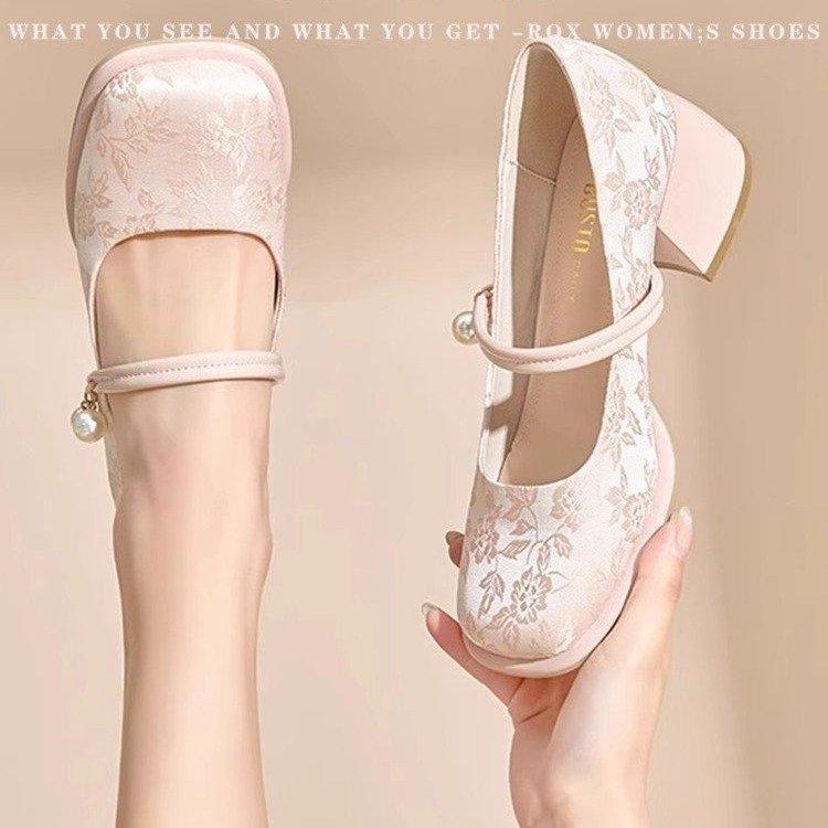 Fashion High heels women's shoes 2025 new Chinese style embroidery versatile strap single shoe square toe Mary Jane thick heel shoes