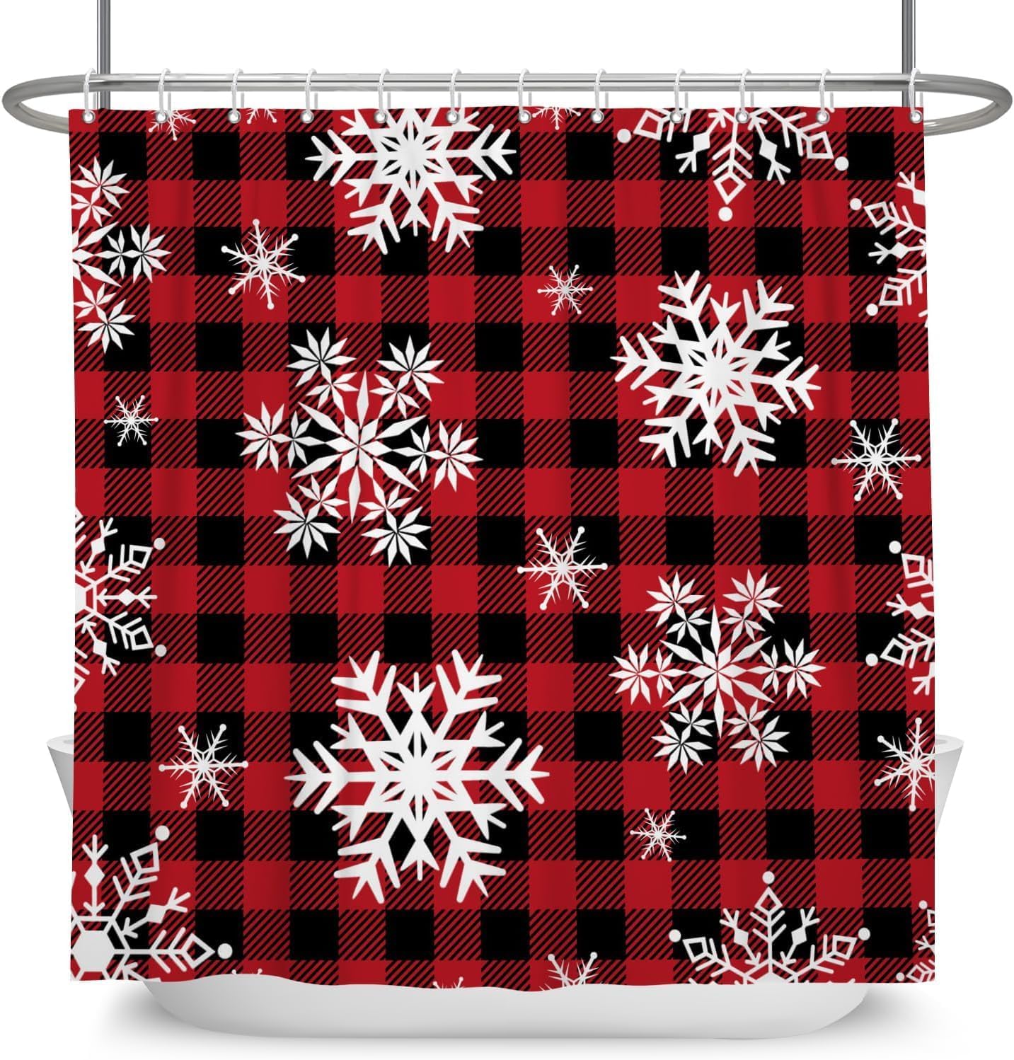 Red Black Buffalo Plaid Snowflake Shower Curtain, Abstract Winter Holiday Bathroom Decor with Retro Rustic Christmas Theme 90x180cm35x71in