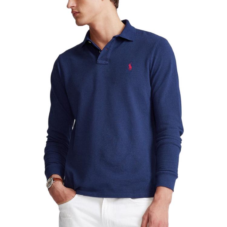 Polo Ralph Lauren Solid Color Logo Embroidered Slim Fit Long Sleeve Polo Shirt Men tops Navy-Blue MNPOKNI16820857-410