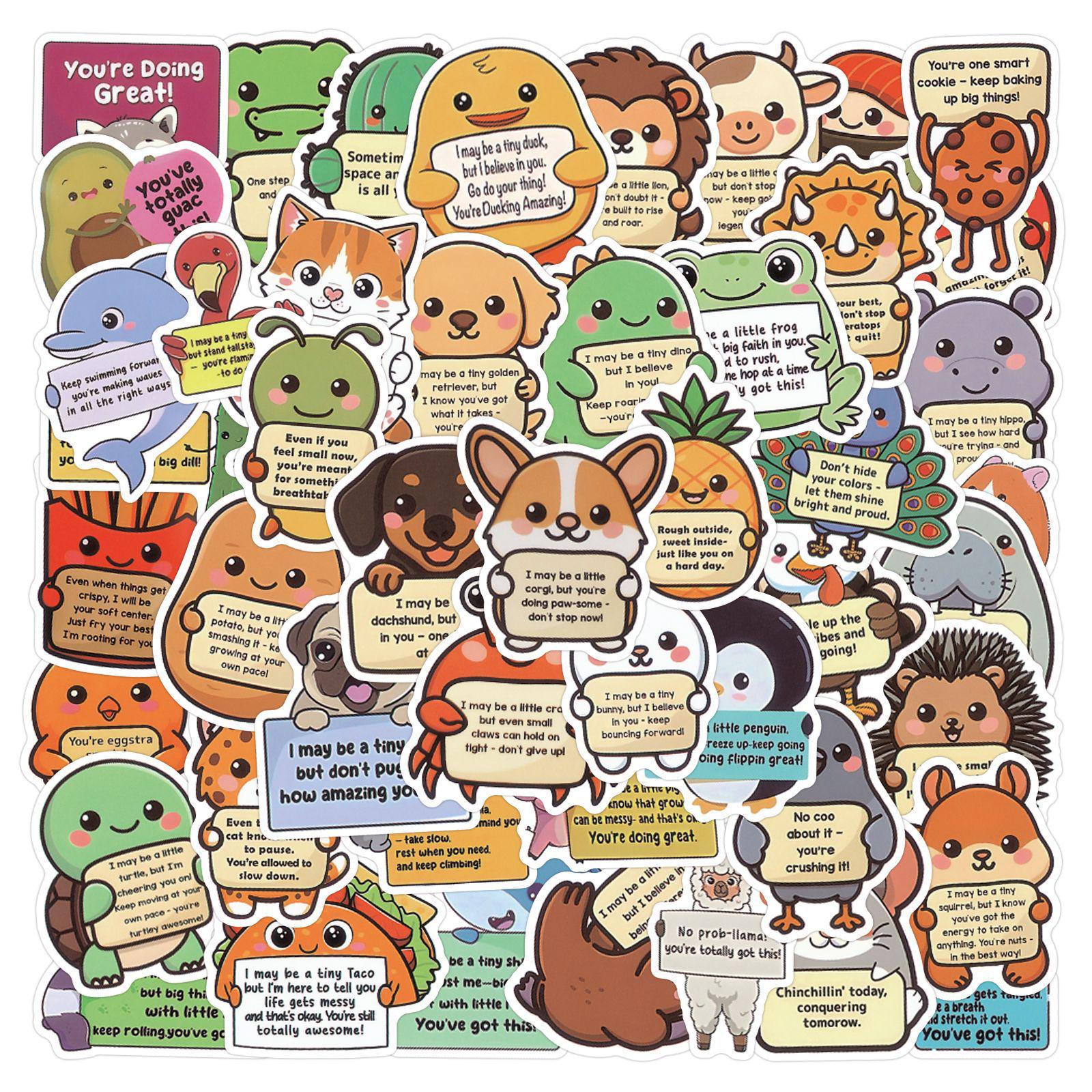 

New Version Waterproof Small Animal Slogan Stickers: 50-100 Sheets for Suitcases, Water Bottles, Computers