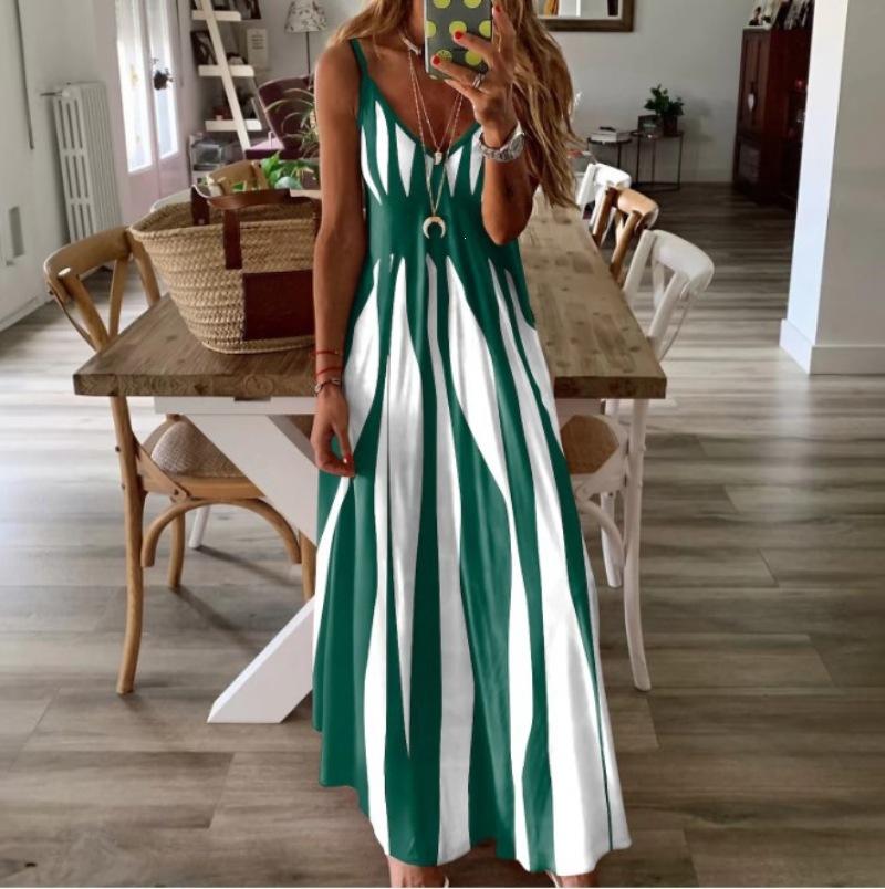 Summer Women's Fashion Loose Suspender Color Block Printed Suspender Dress Long Dress