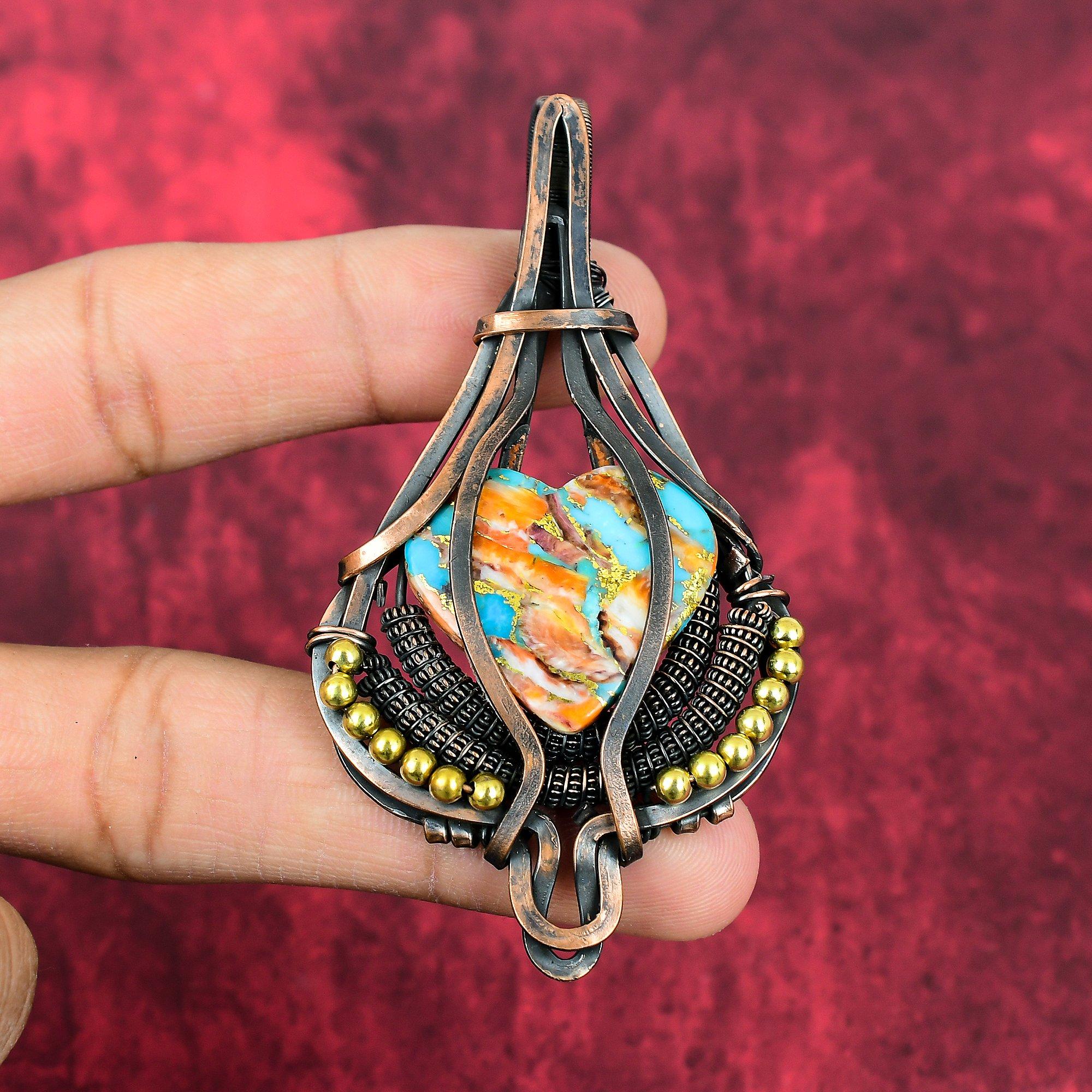 Spiny Oyster Copper Turquoise Pendant Copper Wire Wrapped Pendant Handmade Jewelry Gemstone Pendant Copper Jewelry For Gifts Antique Jewelry