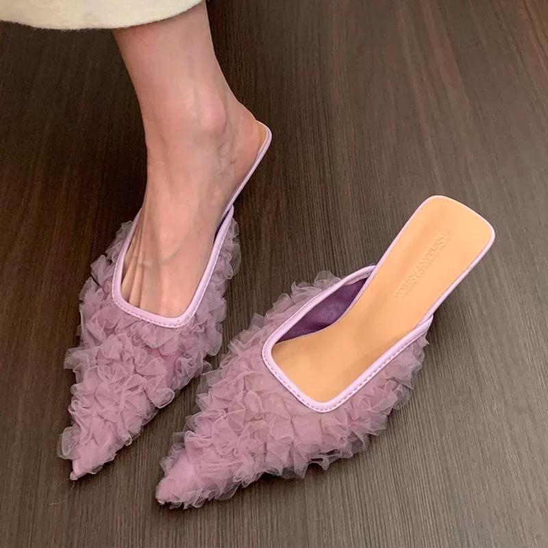 Pointed Toe Heeled Slippers Women Elegant Mules Shoes Mid Heels Sandals 2025 Fashion Slides Summer Pumps New Luxury Woman Shoes