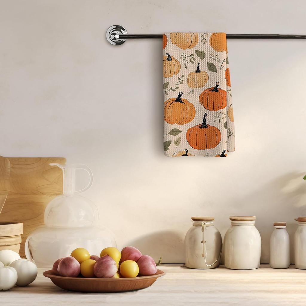 TNUW Vintage Fall Pumpkin Hand Towels, 16x24In, Thanksgiving & Harvest Decor, Botanical Pattern for Farmhouse Kitchen & Bathroom