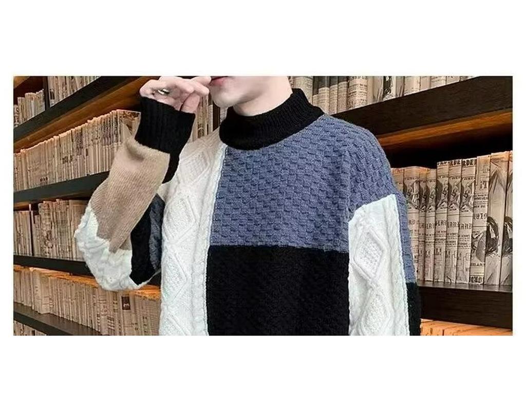 Men's Plus Size Color Block Sweater - Loose Fit, Korean Style, Round Neck Pullover for Autumn and Winter