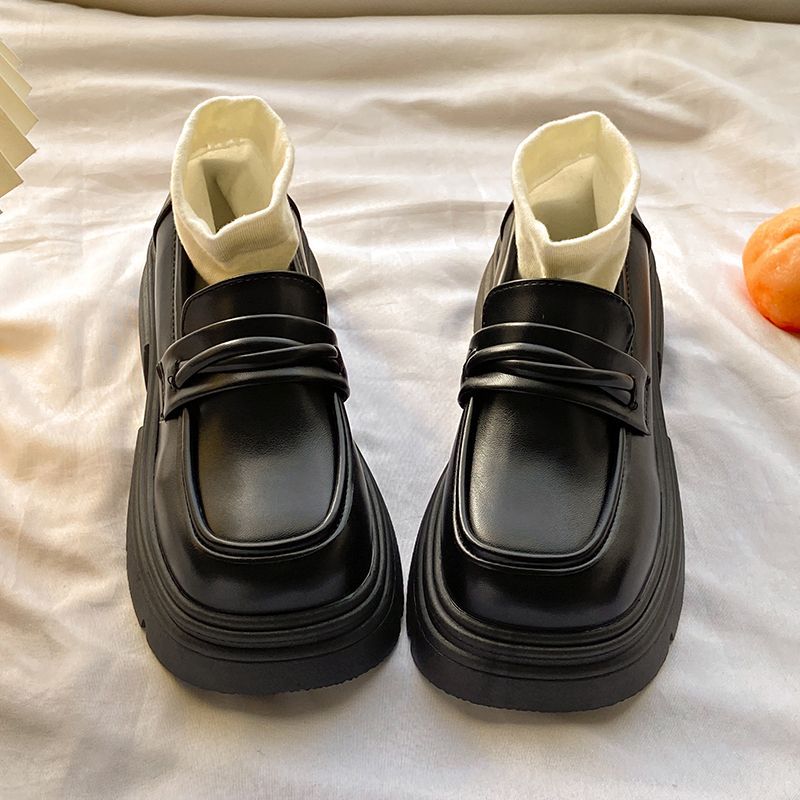 Platform muffin loafers women's spring and autumn 2025 new women's shoes one pedal black single shoes British style small leather shoes