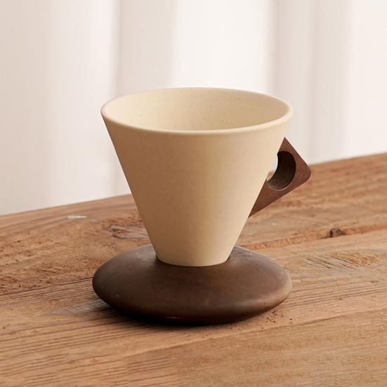 Cone Coffee Cup & Saucer Set Mid-Century Modern Cone Mug with Wooden Handle Handcrafted Ceramic Latte Mug Home Cafe Decor Gift for Coffee Lovers