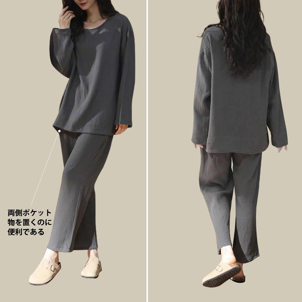 [PeiYA] Women's Long-Sleeved Double Gauze 100% Cotton Round Neck Pajamas, Relaxed Fit Top and Bottom Set