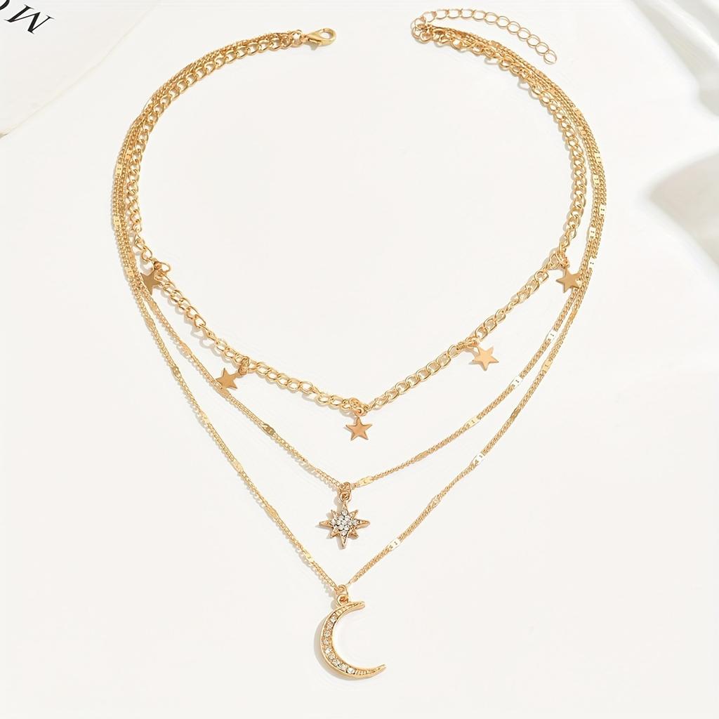 Bohemian Star Tassel Octagonal Star Moon Sparkling Zircon Pendant Multi-layer Necklace for Women Exquisite Collar Chain Jewelry