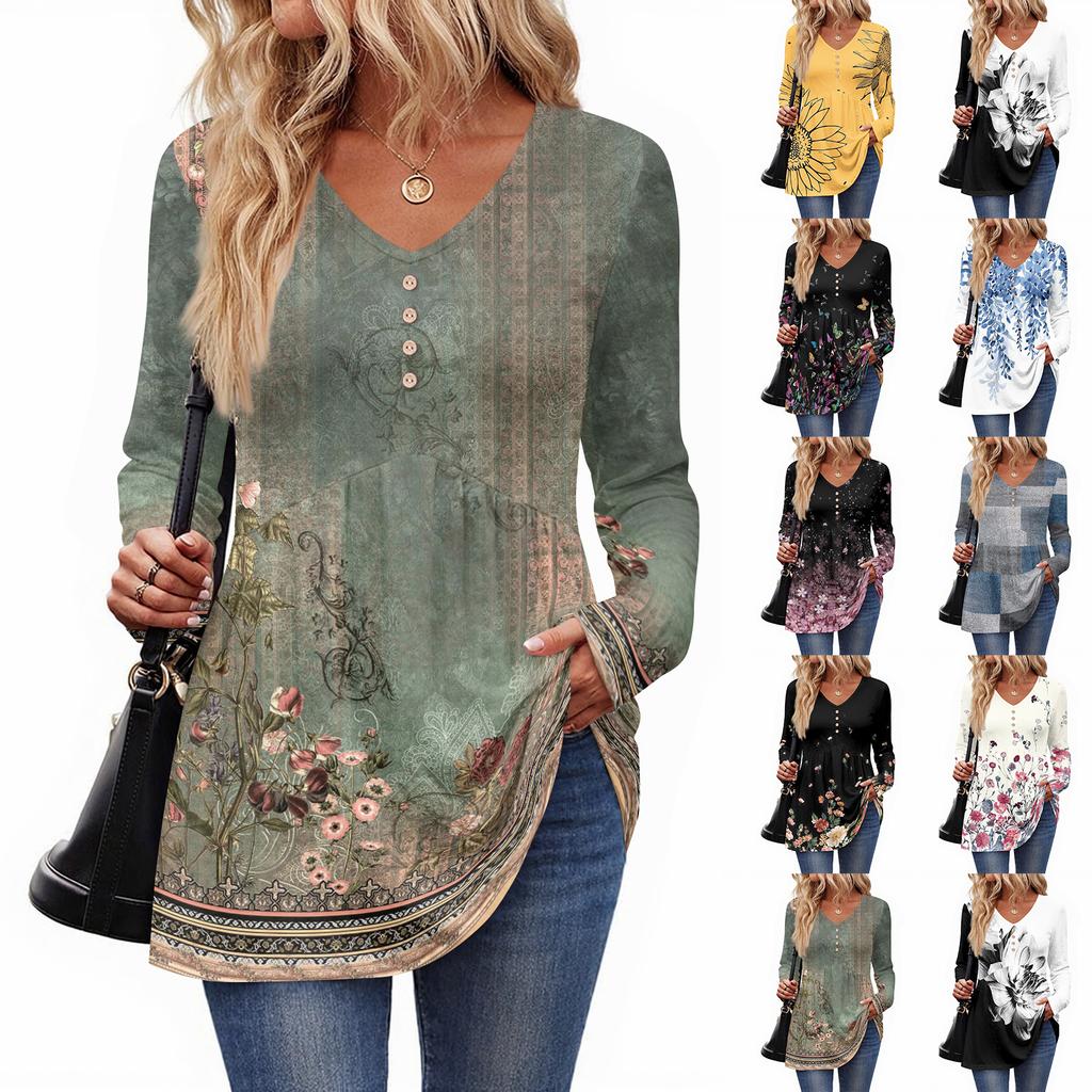 Women's Casual Fashion V-Neck Button Retro Floral Print Long Sleeve Top