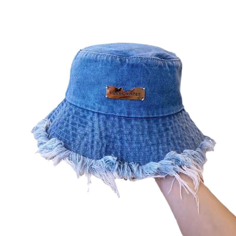 New trendy and fashionable denim bucket hat washed and made old rough edge bucket basin hat showing small face Korean style big brim