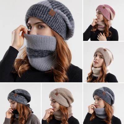 Women Autumn Winter Hat Scarf Set Windproof Cold Prevention Soft Thick Fleece Lined Scarf Beanie Hat