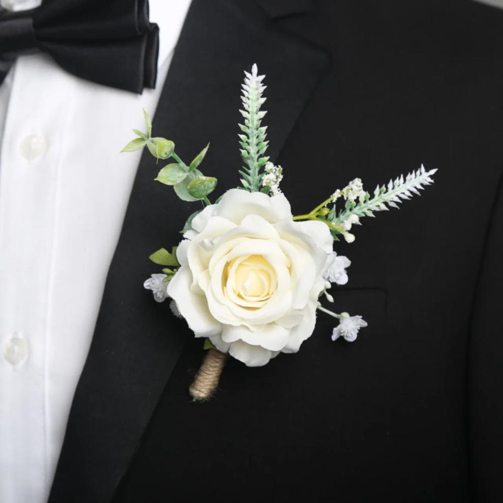 6pcs Rustic Artificial Rose Boutonniere Corsage Set Dusty Rose White Wristband Prom Suit Flowers for Wedding Ceremony