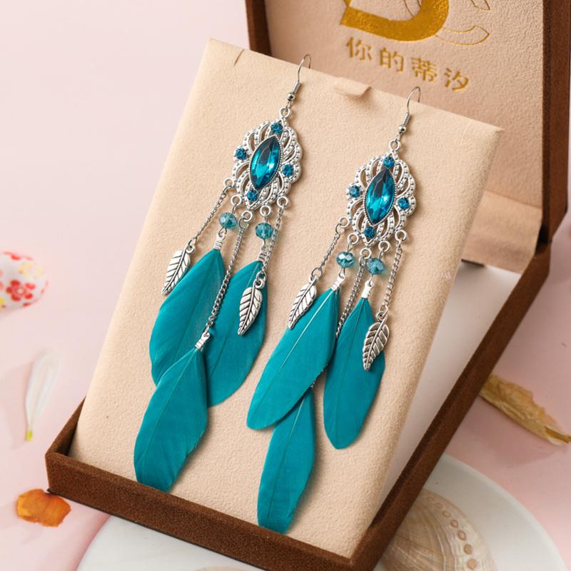 Fashion Temperament Bohemian Feather Earrings for Women Long Crystal Leaf Vintage Earring Female Wedding Party Jewelry