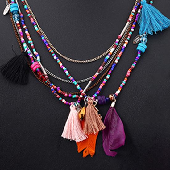 Women's Boho Ethnic Style Feathers Tassels Beads Multi-layer Chain Necklace