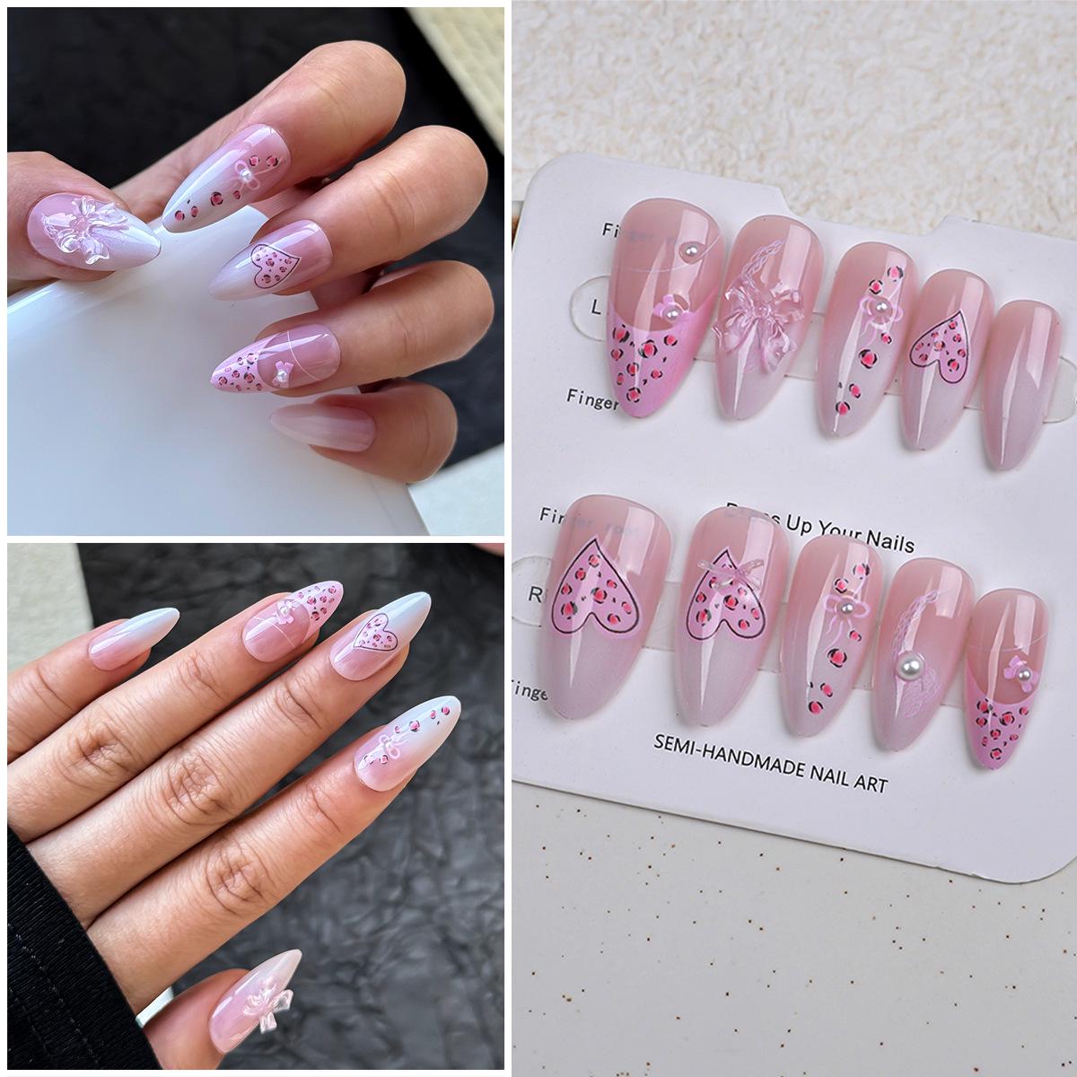 Heart-Shaped Leopard Print Almond False Nails with Bowknot and Faux Pearls