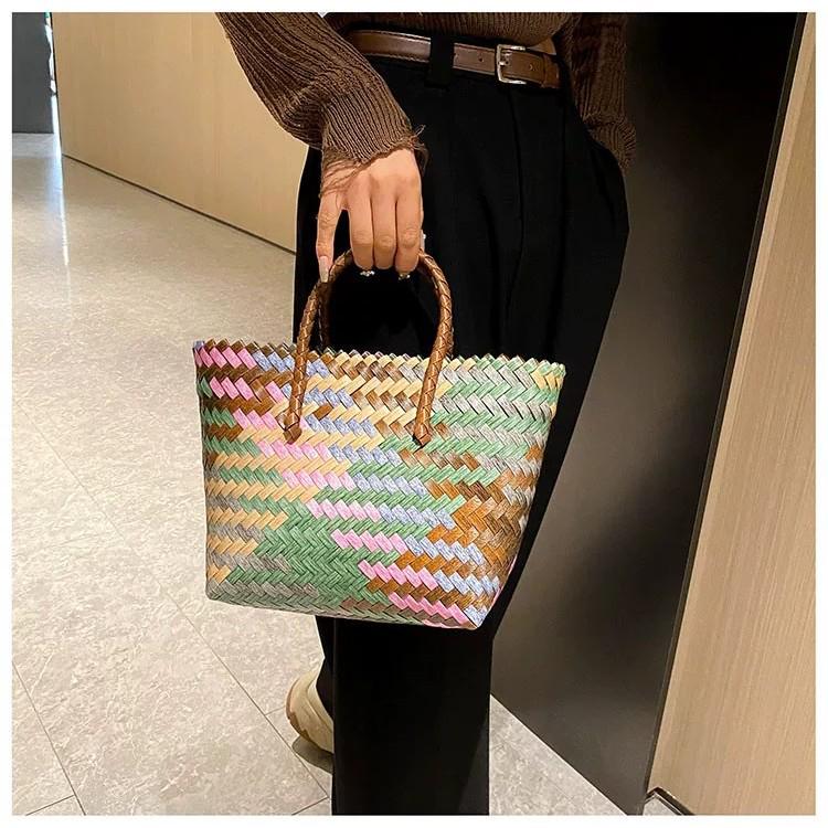 Elegant Handmade Bamboo Woven Tote – Stylish Rattan-Style Beach & Makeup Bag