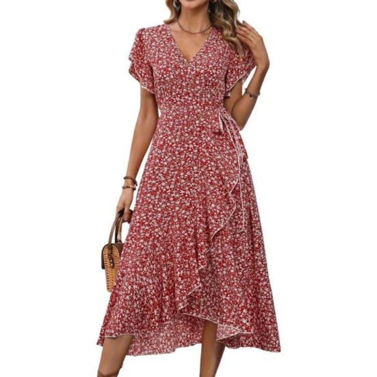 Flowy Boho Summer Maxi Dress for Women V Neck Short Sleeve Wrap Beach Casual Long Dress Floral Print with Ruffle Hem Side Split