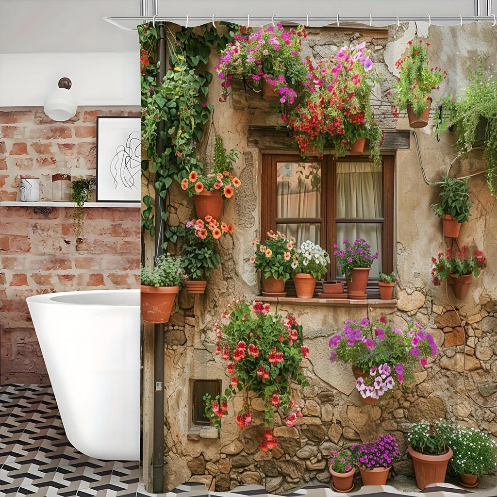 Shower Curtain: Rustic Stone Wall with Vibrant Hanging Flowers for a Charming and Colorful Bathroom Decor