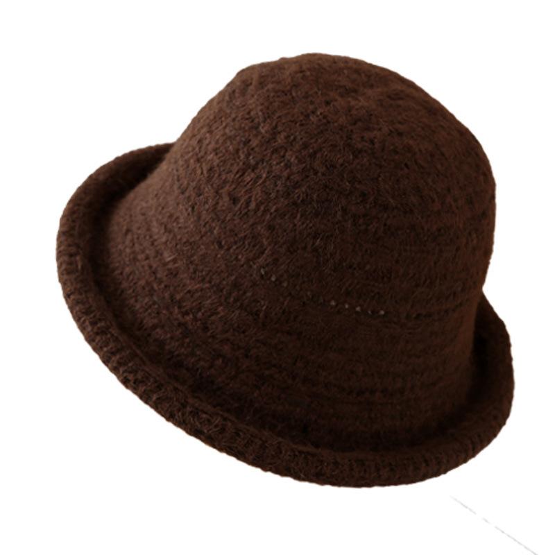 Solid color wool knitted bucket hat women's winter warm crimped hat versatile basin hat solid color bucket hat tide