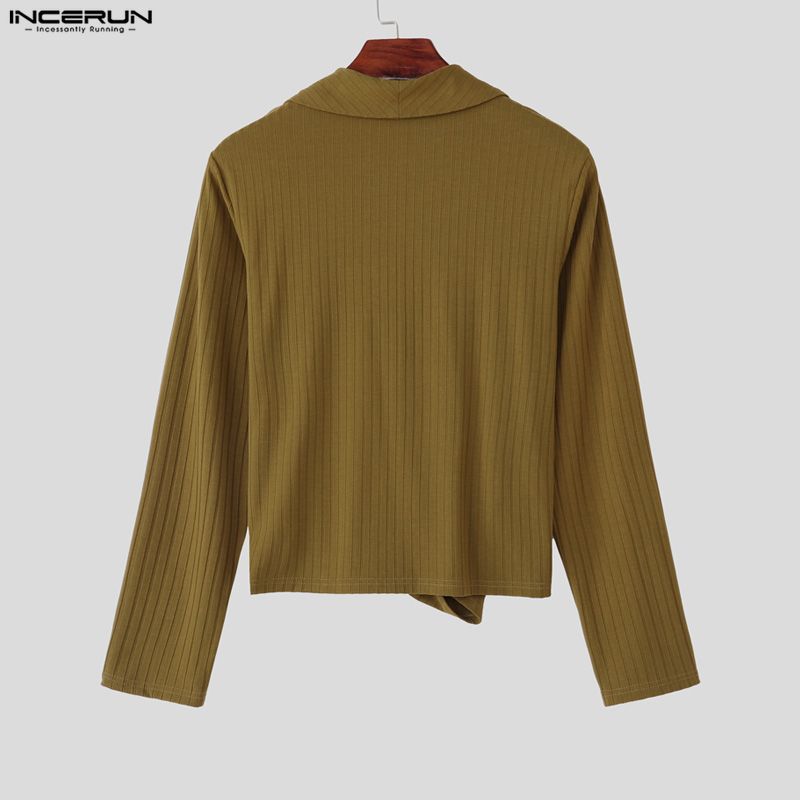 INCERUN Mens V Neck Front Cross Long Sleeve Thin Casual Rib Short T-shirts Tops