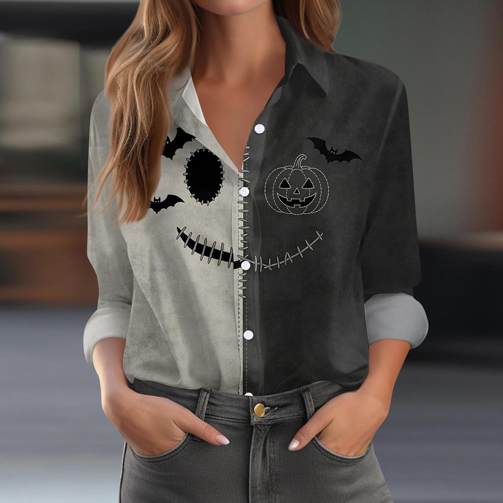 Women's Long Sleeve Button Down Shirt Casual Regular Fit Halloween Print Shirt Top with Classic Collar and Full Button Closure