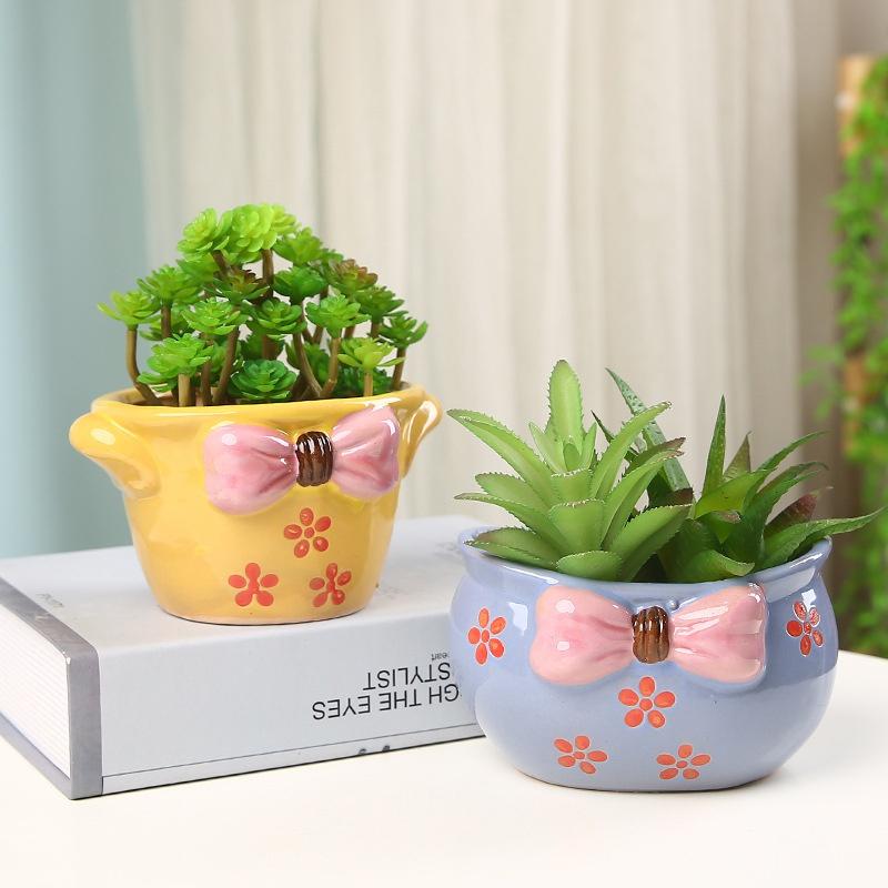 Niedlicher Blumentopf mit Schleife, Sukkulententopf, Keramik-Pflanzgefäß, Heimdekoration, Desktop-Ornamente, Bonsai-Blumentopf, Gartendekoration
