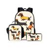 Cute Dachshund Print Cat Three Piece Backpacks Set for Boy and Girls Best Gifts 2D Flat Cartoon School Bag for Children