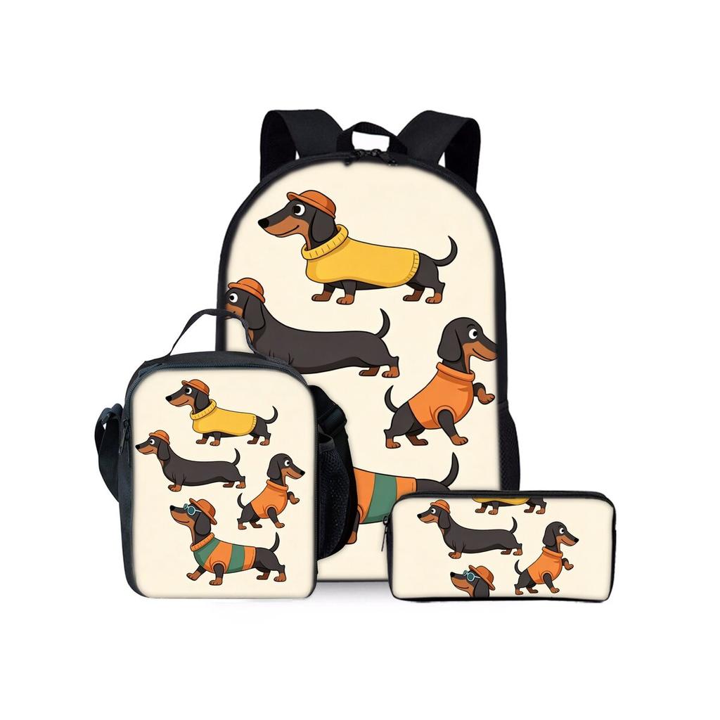 Cute Dachshund Print Cat Three Piece Backpacks Set for Boy and Girls Best Gifts 2D Flat Cartoon School Bag for Children