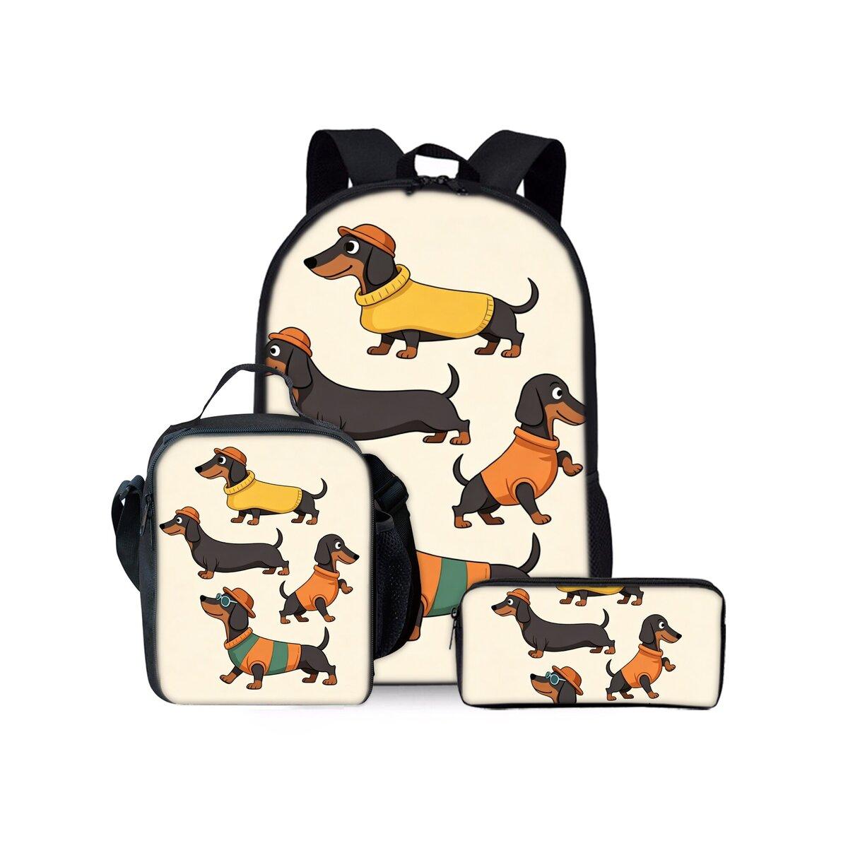 Ensemble de Sacs à Dos Mignon Trois Pièces avec Impression Teckel pour Garçons et Filles Meilleurs Cadeaux Sac à Dos Scolaire Plat Cartoon 2D pour Enfants