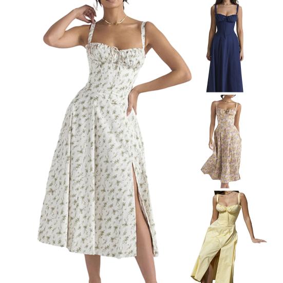 Ladies Dress Low-cut Backless Sleeve Flower Print High Tight Waist High Split Summer Midi Dress Party Prom Beach Dress