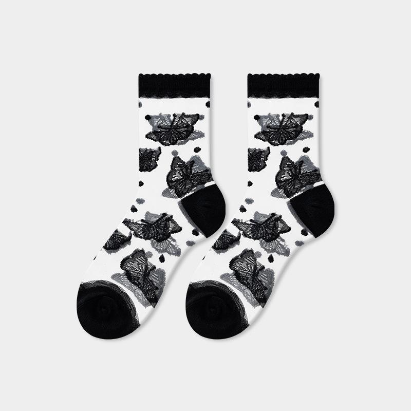Summer Women Socks Ultra-thin Transparent Crystal Silk Socks Women Cartoon Print Japanese Kawaii Cute Funny Elastic Long Socks
