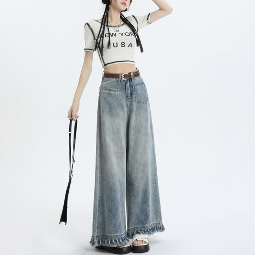 Retro loose burr jeans women's spring and autumn new high-waisted and thin small wide-leg floor-mopping pants tide
