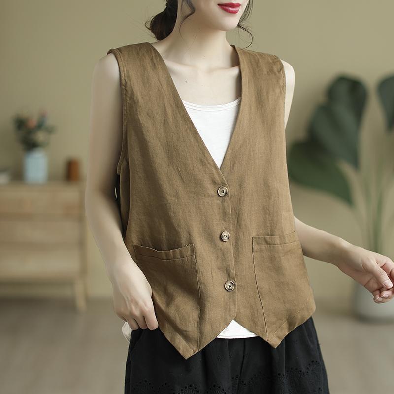 Women's V-Neck Cotton Linen Waistcoat - Sleeveless, Lightweight Summer Outerwear