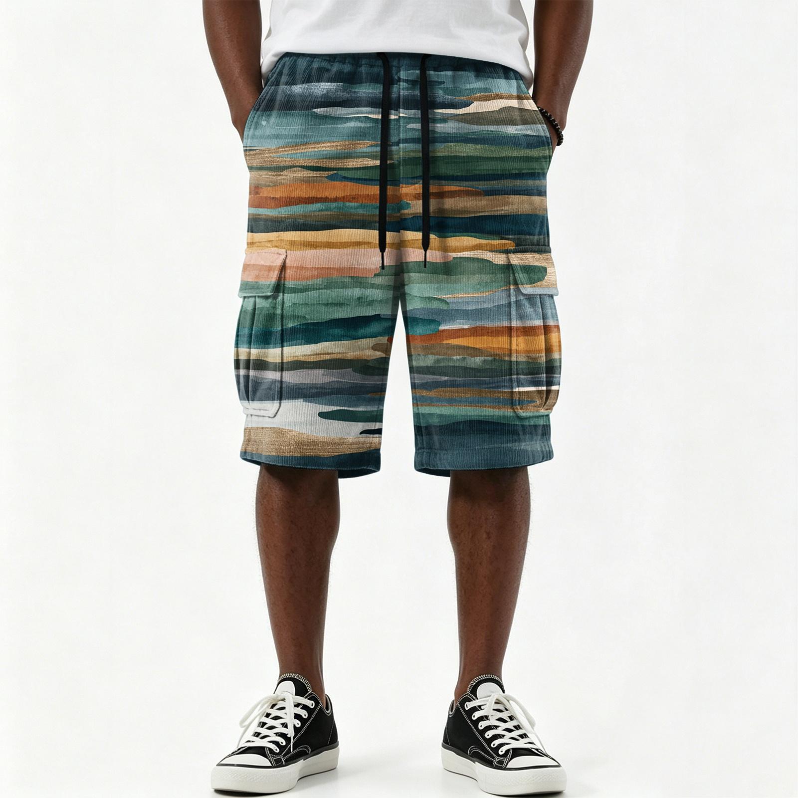 Men s Casual Gradient Print Drawstring Shorts Multi Pocket Knee Length Loose Fit Summer Beachwear M